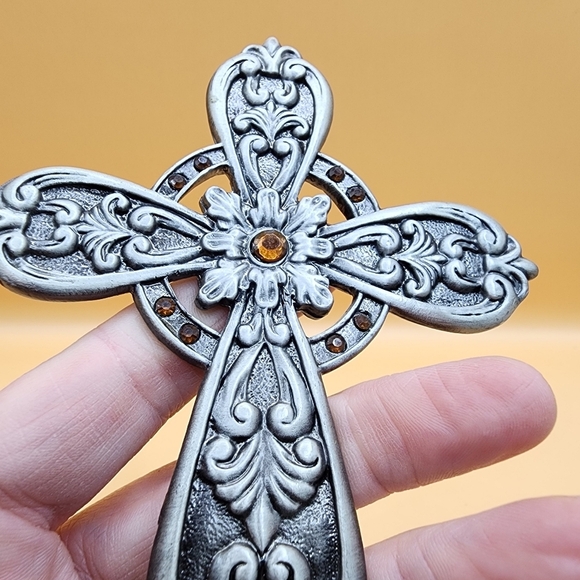 Pewter Cross 5" Standing Orange Topaz Stones - Picture 2 of 4